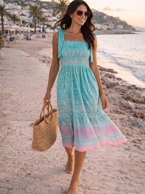 Shoshanna Remy Tie Shoulder Smocked Bodice Midi Dress Aqua Pink Size Large NWT